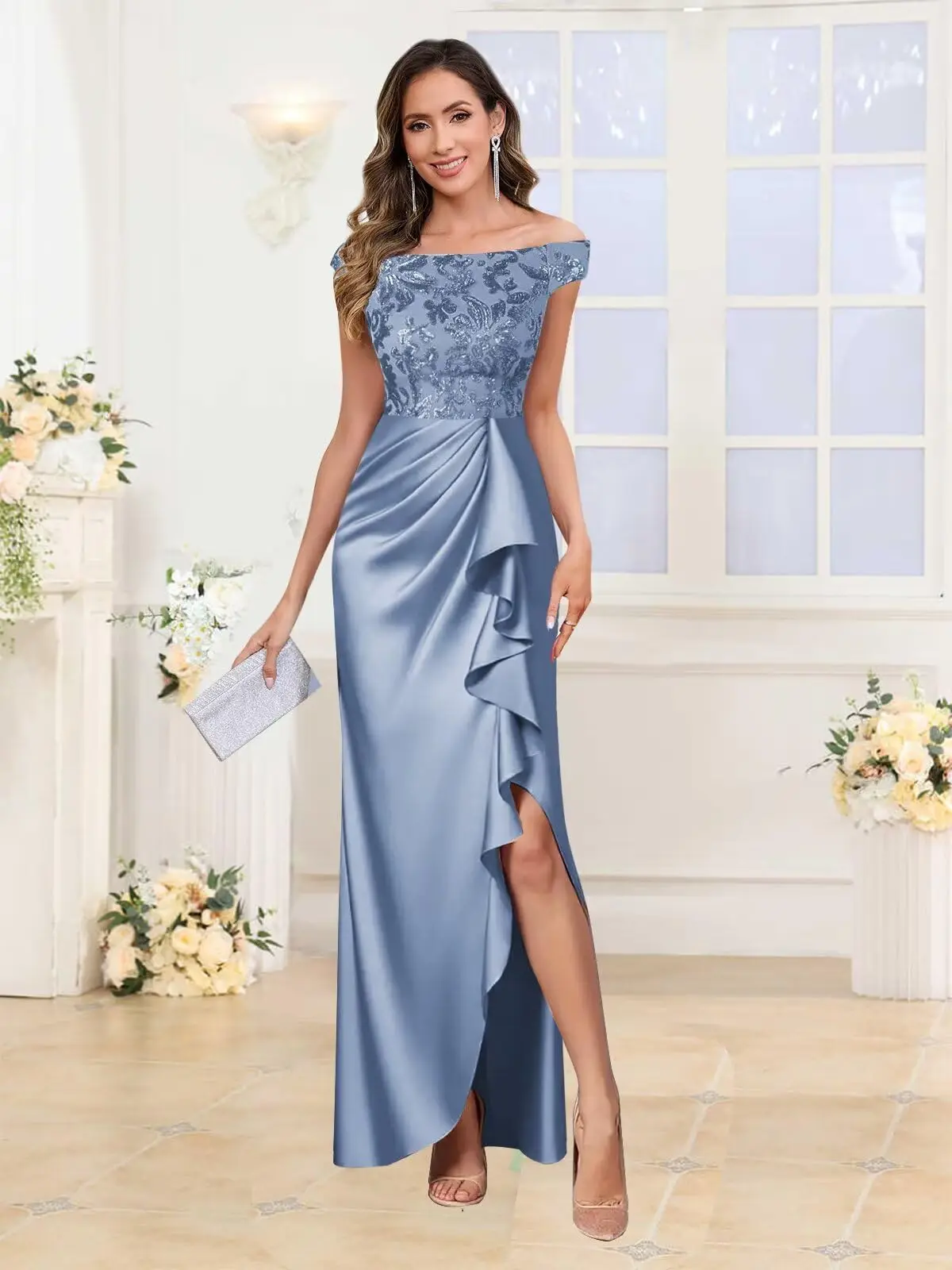 

Satin Mother of The Bride Dresses with Slit Mermaid Off The Shoulder Sequin Lace Formal Dress
