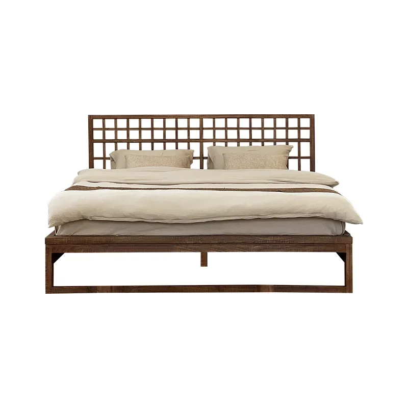 

Medieval, wabi-sabi, solid wood bed, household, elm bed, square grid, backrest