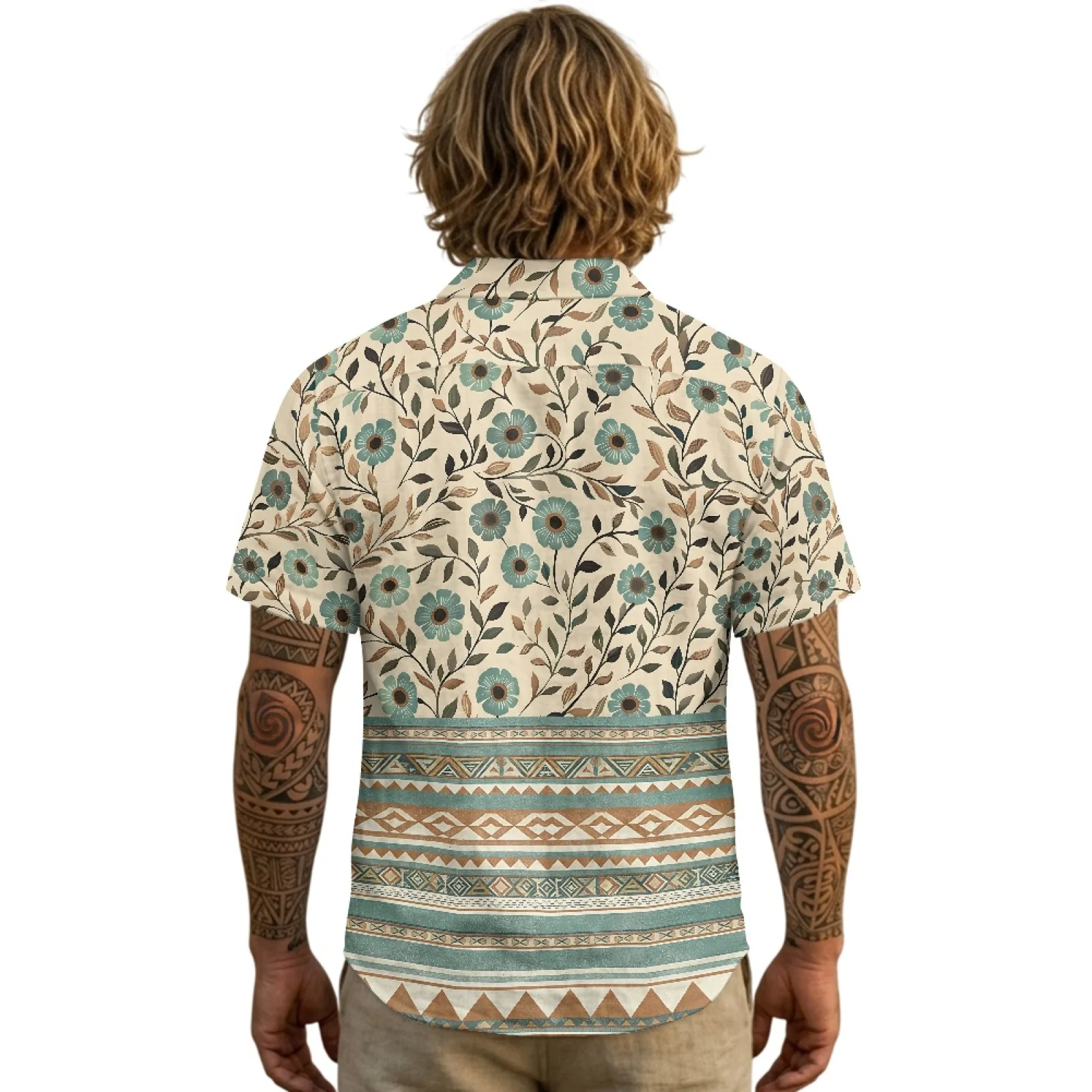 PENSTROLL Single Breasted Linen Style Men's Shirts Breathable Men's Short Sleeve Top for Wedding Floral Geometric