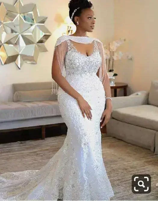 

Customized African Mermaid Bridal Dress Sleeveless Fringed Pearl Wedding Ceremony Elegant Dress Wedding Gowns