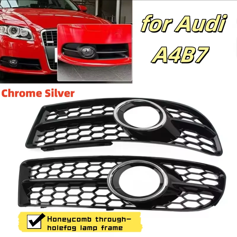 Сотовые решетки противотуманных фар для Audi A4 B7 2006-2008, хромированная серебристая пара ABS 8E 0807681 F/8E 0807682 F, замена крышки переднего бампера Сотовые решетки противотуманных фар для Audi A4 B7 2006-2008, хромированная серебристая пара ABS 8E 0807681 F/8E 0807682 F, замена крышки переднего бампера