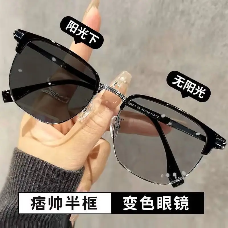 

Мужские фотохромные солнцезащитные очки в полуоправе с защитой от ультрафиолета, винтажные ретро-высококачественные легкие солнцезащитные очки