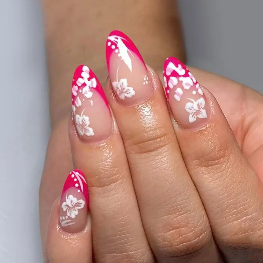 

24pcs Mid-length Almond Press on Nails Rose Red French Fake Nails Tip with Flower Design False Nail Art Simple Wearable Manicure