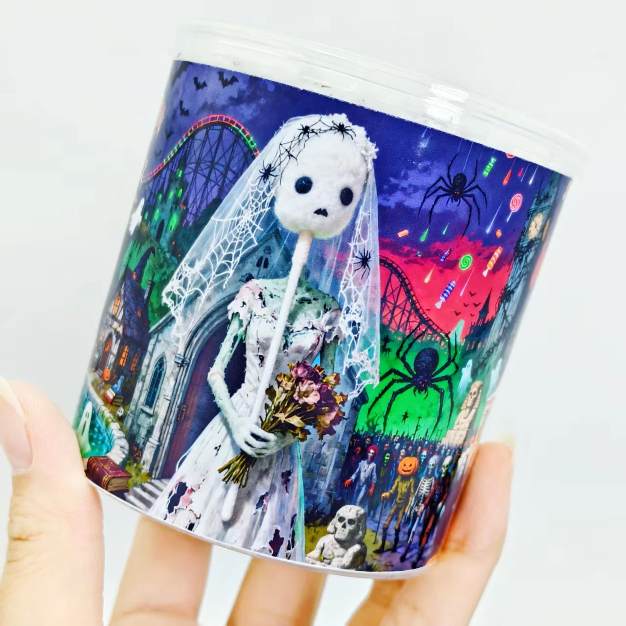 200 Pcs Kapas Tampung Bertema Pengantin Hantu Berdarah Halloween, Kapas Tampung Putih Berpola Spiral Tunggal untuk Hadiah Liburan