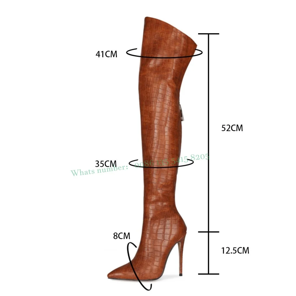 Women's High Heel Back Zipper Boots Versatile Fashion Boots Pointed Toe Thin Heel Stone Pattern Over The Knee Boots Plus Size 46