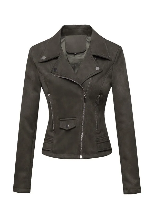 スリムフィット スエードレザー ジャケット レディース バイク用 スポーツコート メタル装飾 機能性 ファッション 無地 ジッパー付き...