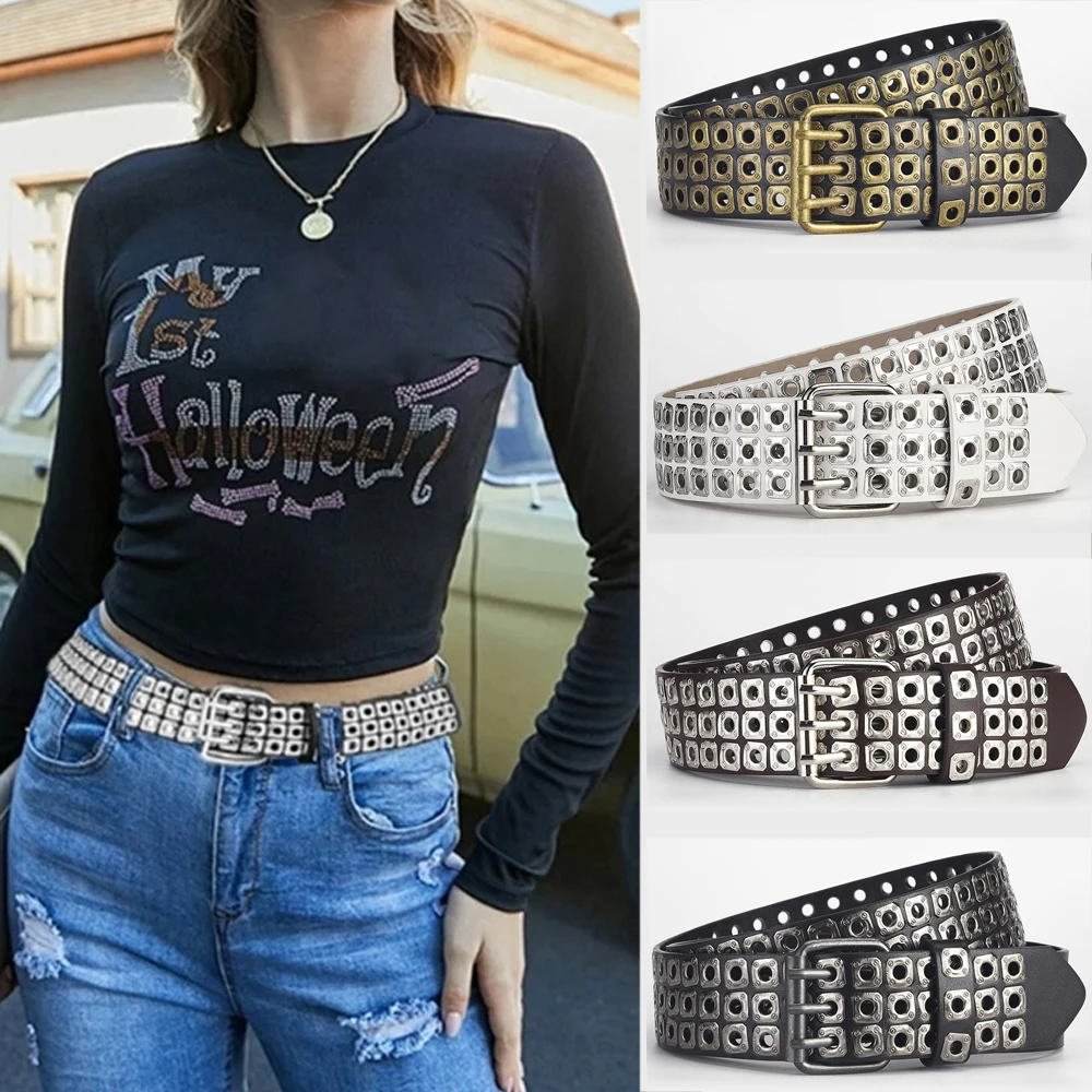 

Retro Square Rivet Rock Punk Men's Belt Unisex Adjustable Double Row Needle Buckle Waistband Hip-Hop Y2k Jeans Women's Belts