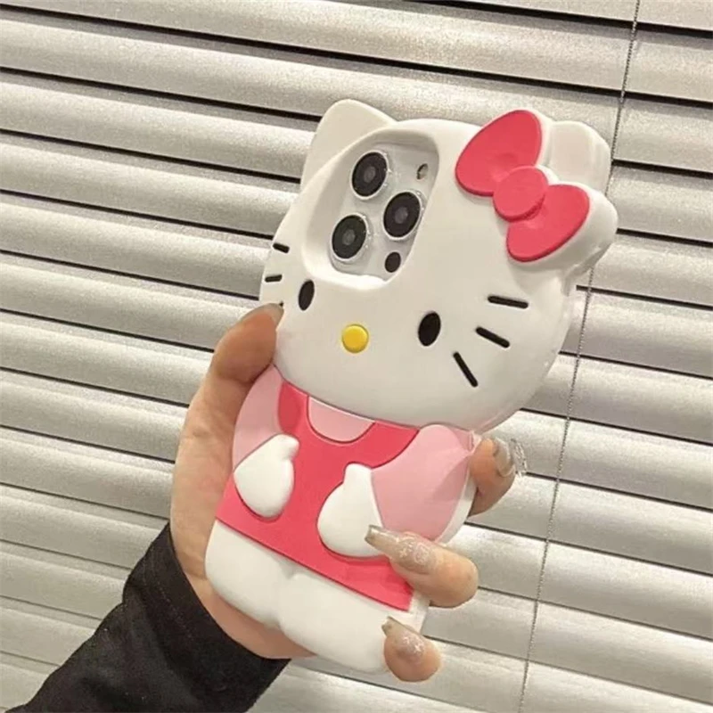Funda de silicona suave de Sanrio 3D Hello Kitty con moño para iPhone 17 16 15 14 13 12 Pro Max 11 Xs XR 7 8 Plus SE 5