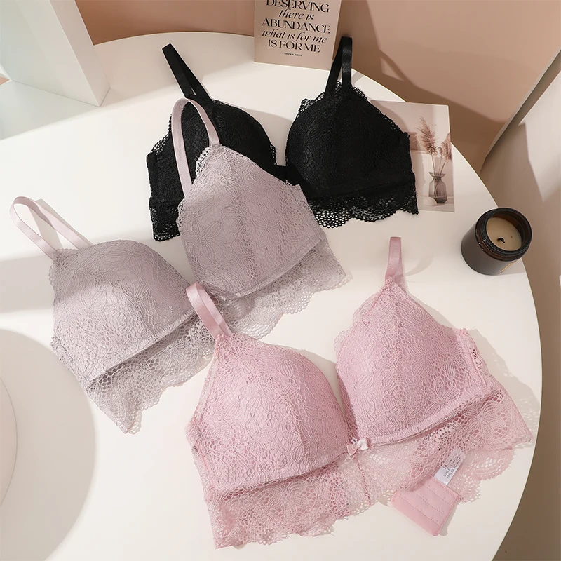 FINETOO Lace Bras for Women Deep V Bralette Wireless Underwear Push Up Bra Female Breathable Brassiere Ladies Triangle Cup Bras