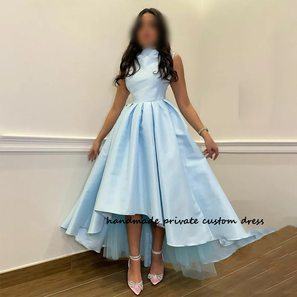 

Sky Blue A Line Saudi Arabic Evening Dresses Draped Satin High Low Occasion Prom Dress Customized Dubai Celebrate Party Gowns