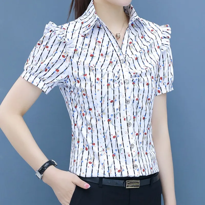 Women Elegant Ruffle Blouse Shirts Stripe Print Blouses Femme 2022 Summer V-Neck Short Sleeve Casual Tops Women Blouses NS5249