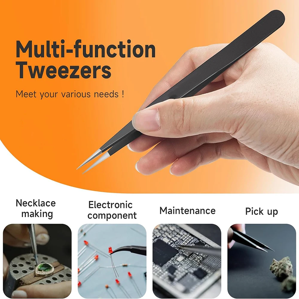 Precision Tweezers Set Anti-Static Stainless Steel Tweezers Flat Bent Tip ESD Tweezers Kit for Jewelry Stamps Beads Making