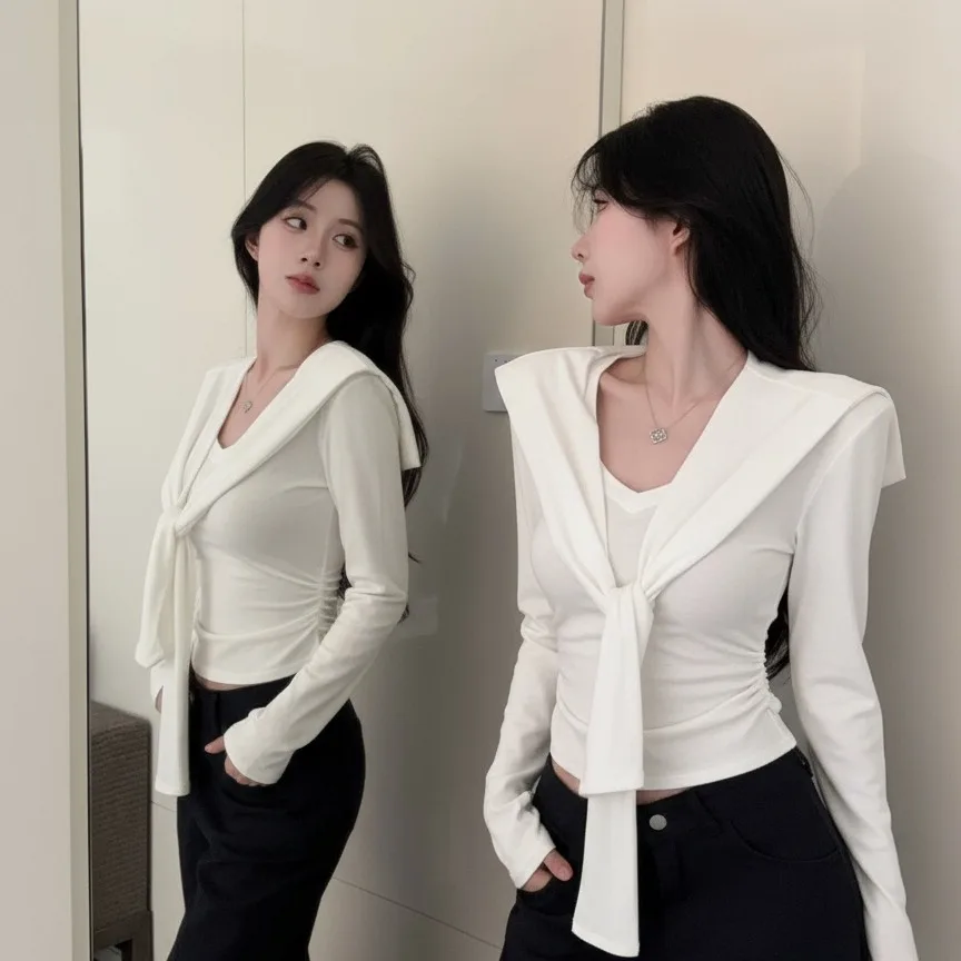 Otoño Invierno nuevo Sle mujer largo Sve v-ne Slim Fit Top cintura ceñida ancho corregido Camere Wrap suéter