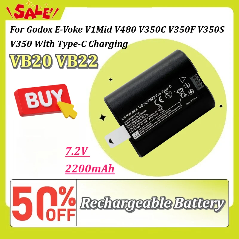 New VB20 VB22 7.2V 2200mAh Speedlite Flash Battery For Godox E‑Voke V1Mid V480 V350C V350F V350S V350 With Type‑C Charging