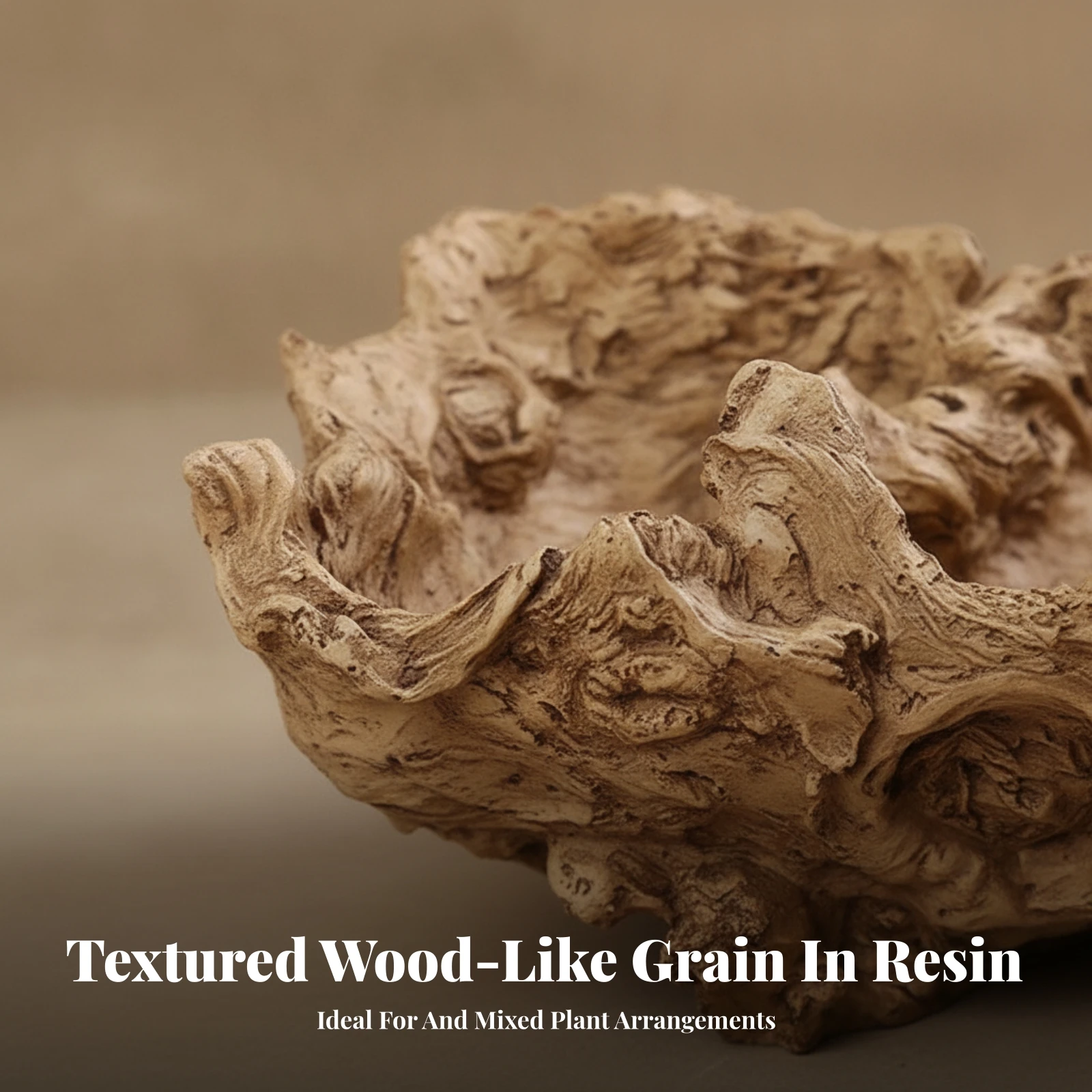 Planter with Faux Wood Bark Appearance Shallow Boat-Like Planter Pot Vintage Container Lifelike for Tabletop, Windowsill
