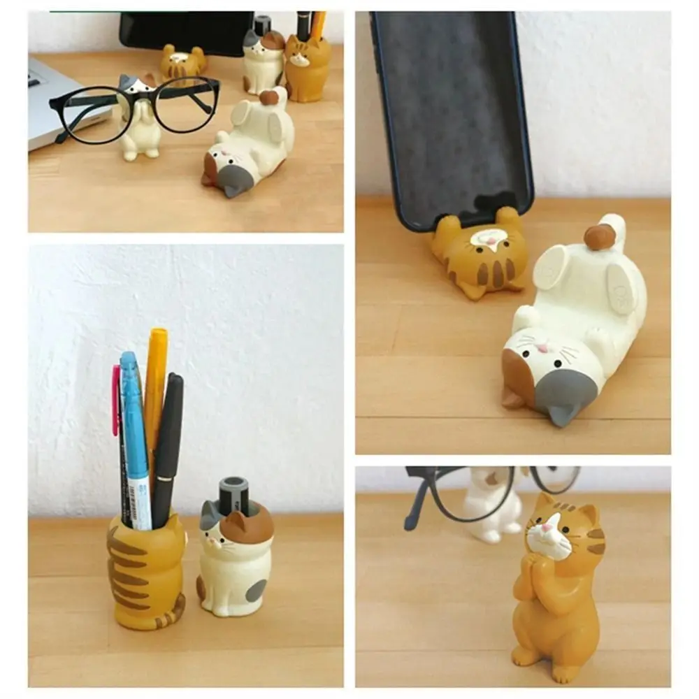 Resin Craft Cat Phone Holder Desktop Stand Cartoon Animal Glasses Mobile Phone Pen Holder Multi-functional Toy Figures