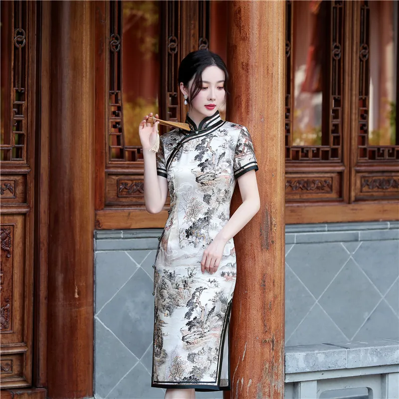 High Quality Real Silk Cheongsam Qipao Women's 2024 New Summer Daily Chinese Oblique Placket Vintage Dress