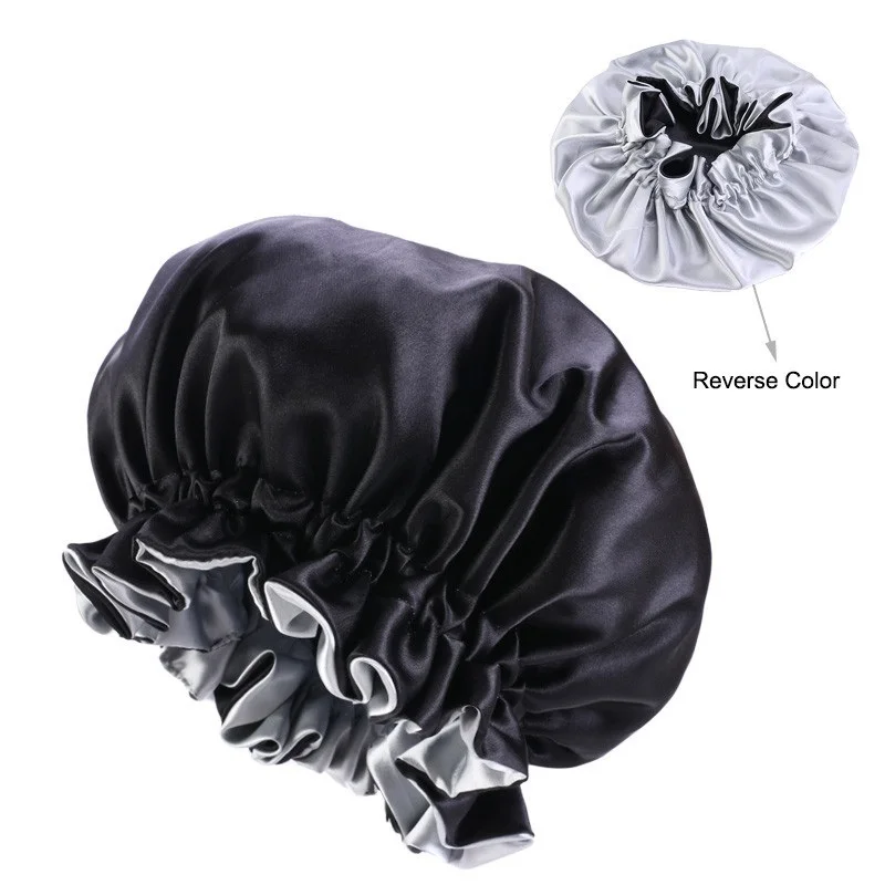 Lady Silk Night Sleep Hats Double Layer Head Cover Fashion Shower Cap Adjustable Silk Satin Bonnet For Women