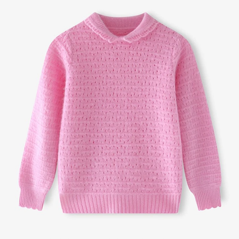 

Girls Wool Sweater Winter Thickening Teenager Childrens Pure Wool Pink Sweater Girls Long Sleeves Sweater Kids O-neck Sweater