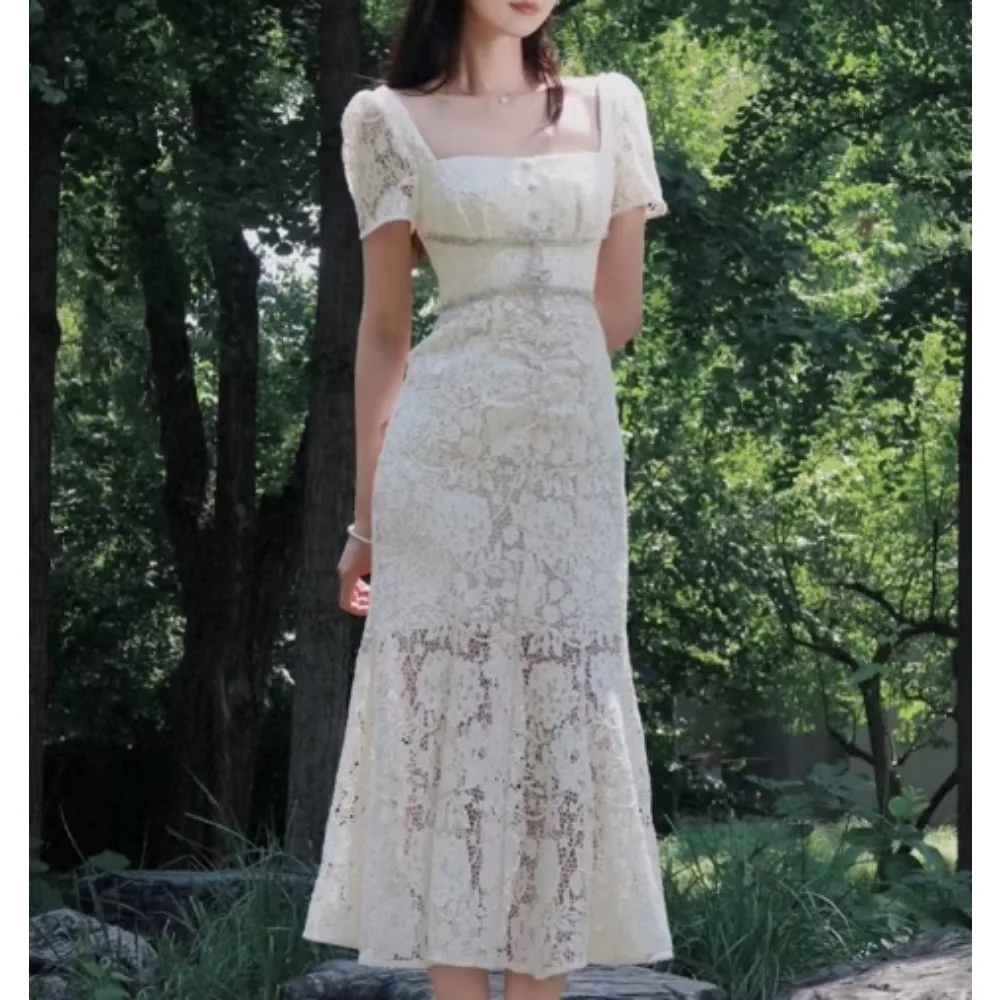 Seksowna sukienka z kwadratowym dekoltem i krótkim rękawem w kwiaty Chic Summer Beach fairycore Vestidos Vacation odzież damska