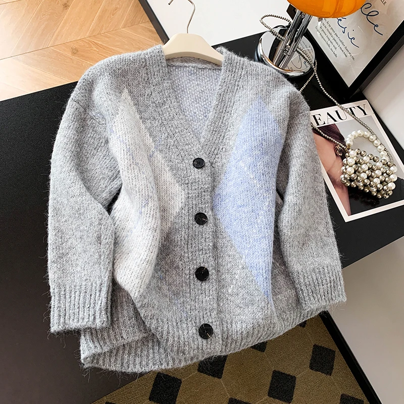

Ladies' Woolen Knitted Open Cardigan Loose Fit Diamond Pattern Winter Faion Single Quali Relaxing Sle Women's Sweater