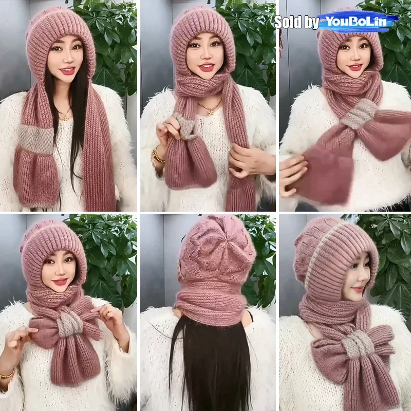 Winter Two-Tone Plush Windproof Integrated Knit Scarf Hat, Warm Fleece-Lined Neck Full-Coverage Cold-Resistant Wind-and-Snow Hat