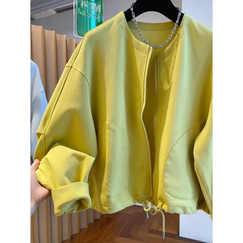 ファッショナブルな黄色のラウンドネックジャケット女性の秋 2025 新しいルーズカジュアル薄いジッパーセーターカーディガントップ
