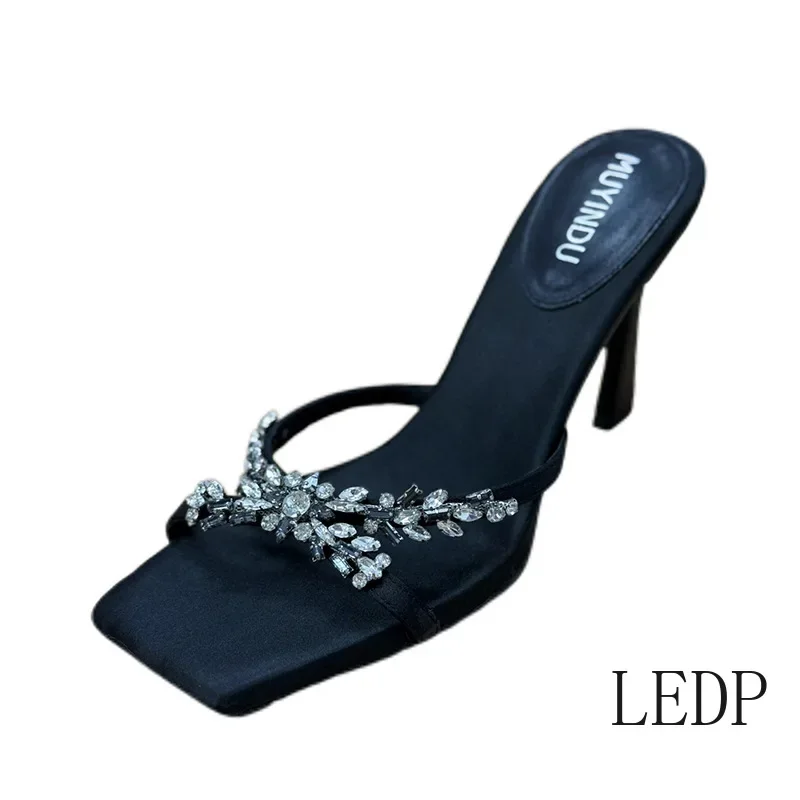 اصبع القدم مربع يتعرض مزاجه الراقية الصليب حجر الراين أحذية عالية الكعب قطعة واحدة حزام نصف الصنادل السحب #6