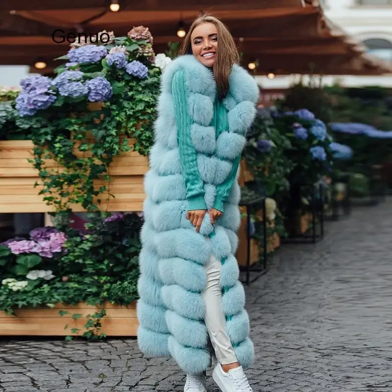10-section Luxury Faux Fox Fur Winter Vest Jacket Sleeveless Thick Warm Horizontal Striped Long Style Fluffy Fake Fur Overcoat