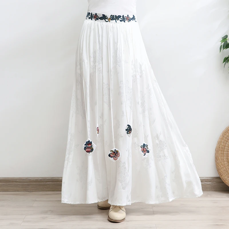 

TIYIHAILEY Free Shipping 2022 Long Maxi A-line Skirt Women Elastic Waist Spring Autumn Vintage Big Hem Embroidery White Black