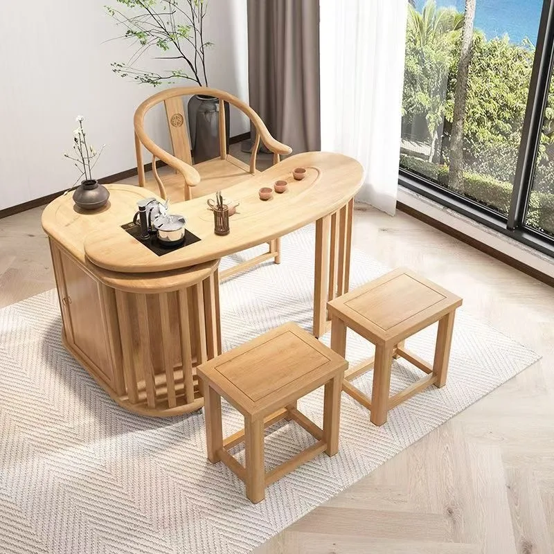 Small apartment solid wood tea table and chair combination new Chinese office home balcony rotating tea table mobile multi-funct