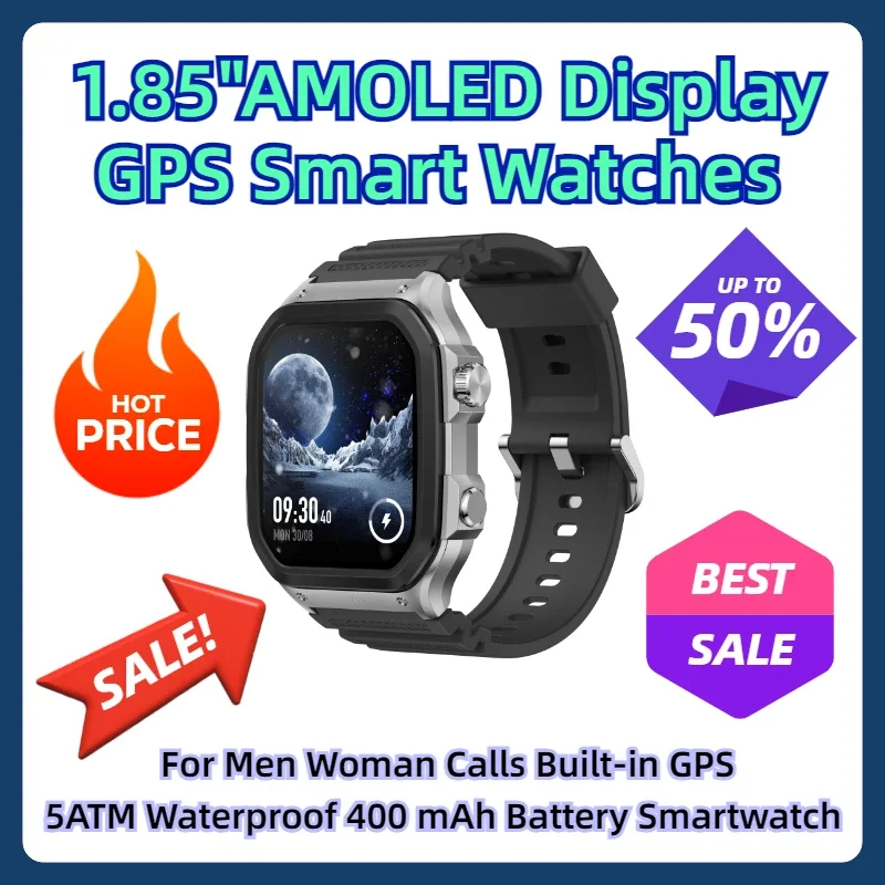 

For Men Woman Calls Built-in GPS 5ATM Waterproof 400 mAh Battery Smartwatch 1.85"AMOLED Display GPS Smart Watches