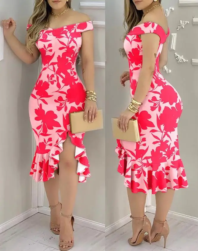 

Floral Print Off Shoulder Bodycon Dress Ruffle Hem Slim Fit Dress
