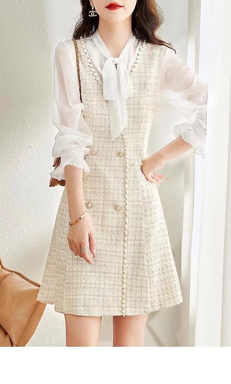 Spring Summer New Bow Slim Mini Casual Dress Women\'s Elegant Chiffon Long Sleeve Patchwork Double Breasted Decorate Dress