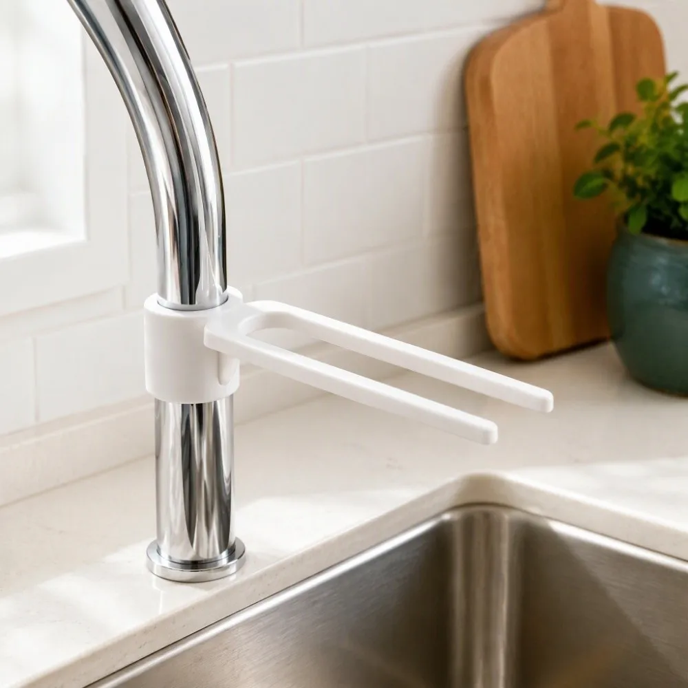 Adjustable Faucet Towel Rack Universal No-Drill Kitchen Towel Rack Long Arm Plastic Dishcloth Drying Holder Bathroom Vanity