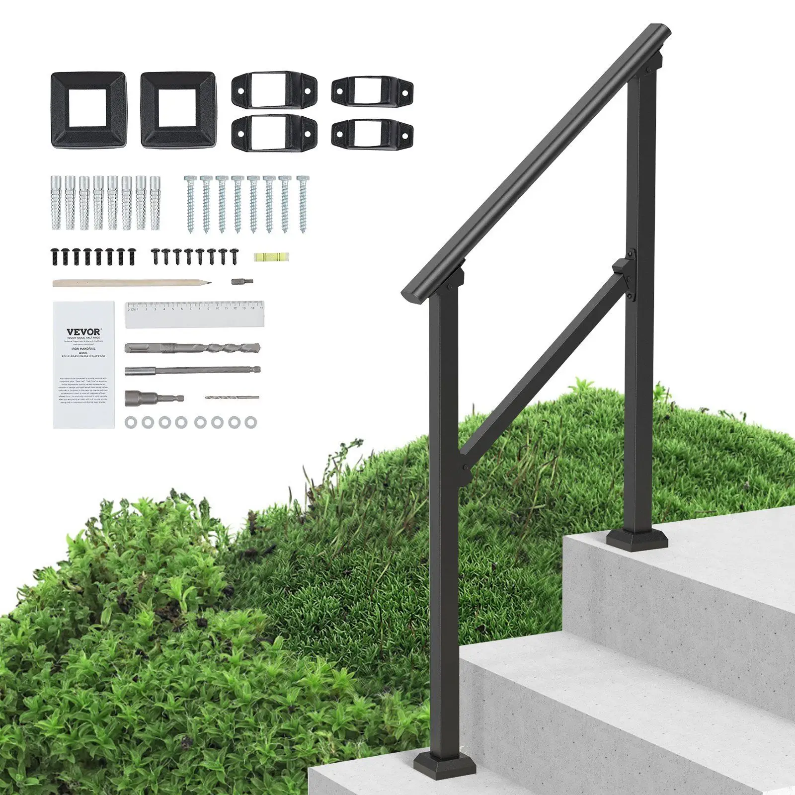 

Outdoor Step Handrails 2-3 Step Kit Carbon Steel Railings with Installation Kit for Seniors Concrete Porch Deck Black