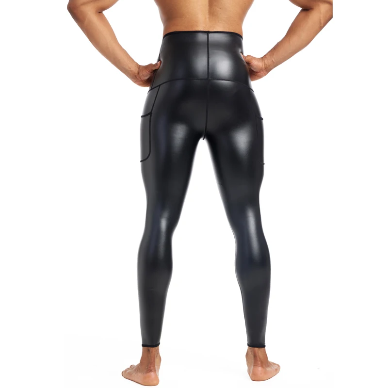 Men\'s Body Shapers High Waisted Leather Pants with Pockets Waist Trainer Control Panties Compression Abdomen Belly Leather Pants