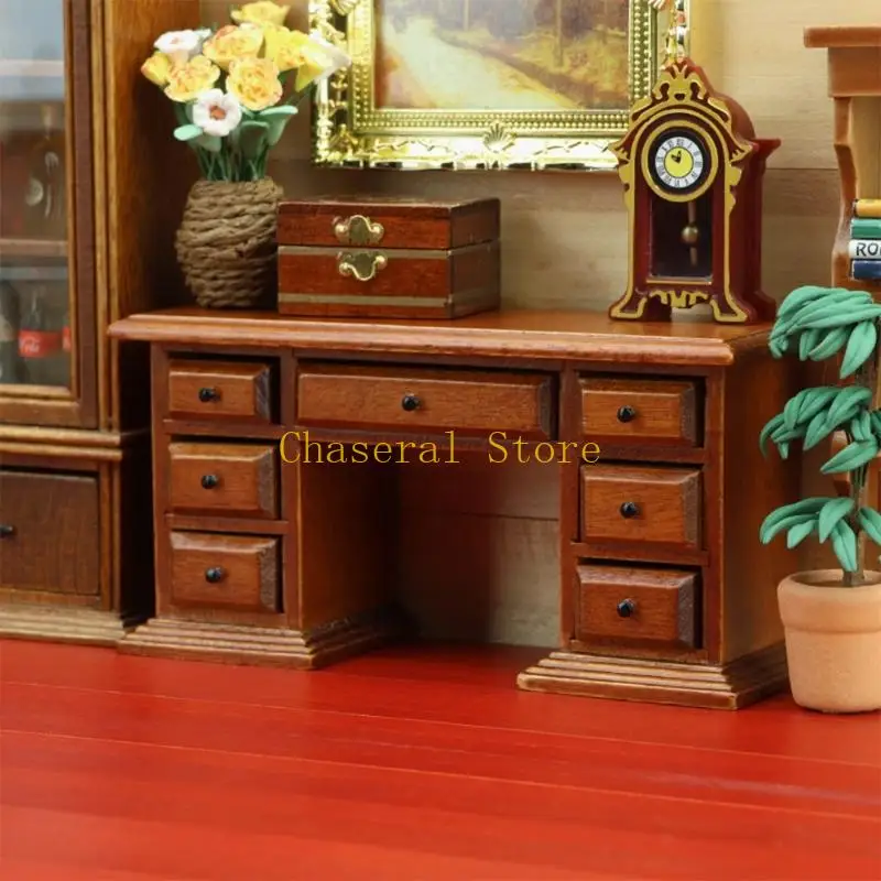 E7CE Realistic Miniature Writing Desk Model for Doll House Study Corner 1/12 Scale Wooden Furniture for Children Roleplay Game