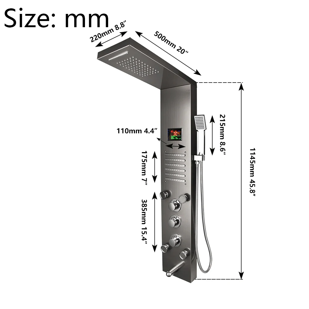 YANKSMART LED Shower Column Faucet SPA Massage Jet Shower System Panel Tower Torneira Battery Digital Temperature Screen Tap Set