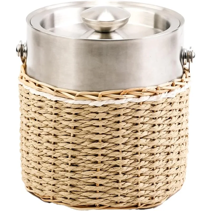 Ice Bucket with Lid, 2 Liter Stainless Steel Insulated Ice Bucket with Wicker Outer Basket Handle Tongs for Party Bar Buffet