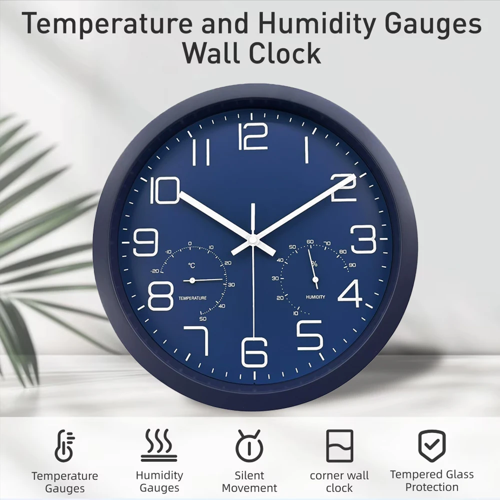 Image of 12-Zoll Geräuschlose Moderne Wanduhr mit Thermometer und Hygrometer Quarzwerk Wanduhr für Wohnzimmer Schlafzimmer Küche Büro