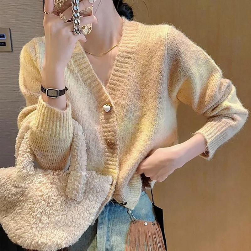 Korejpaa Gradient Candy Color Knitted Cardigan Women 2024 Autumn Winter Korean Style Sweater Jacket Knitwear Sueters De Mujer