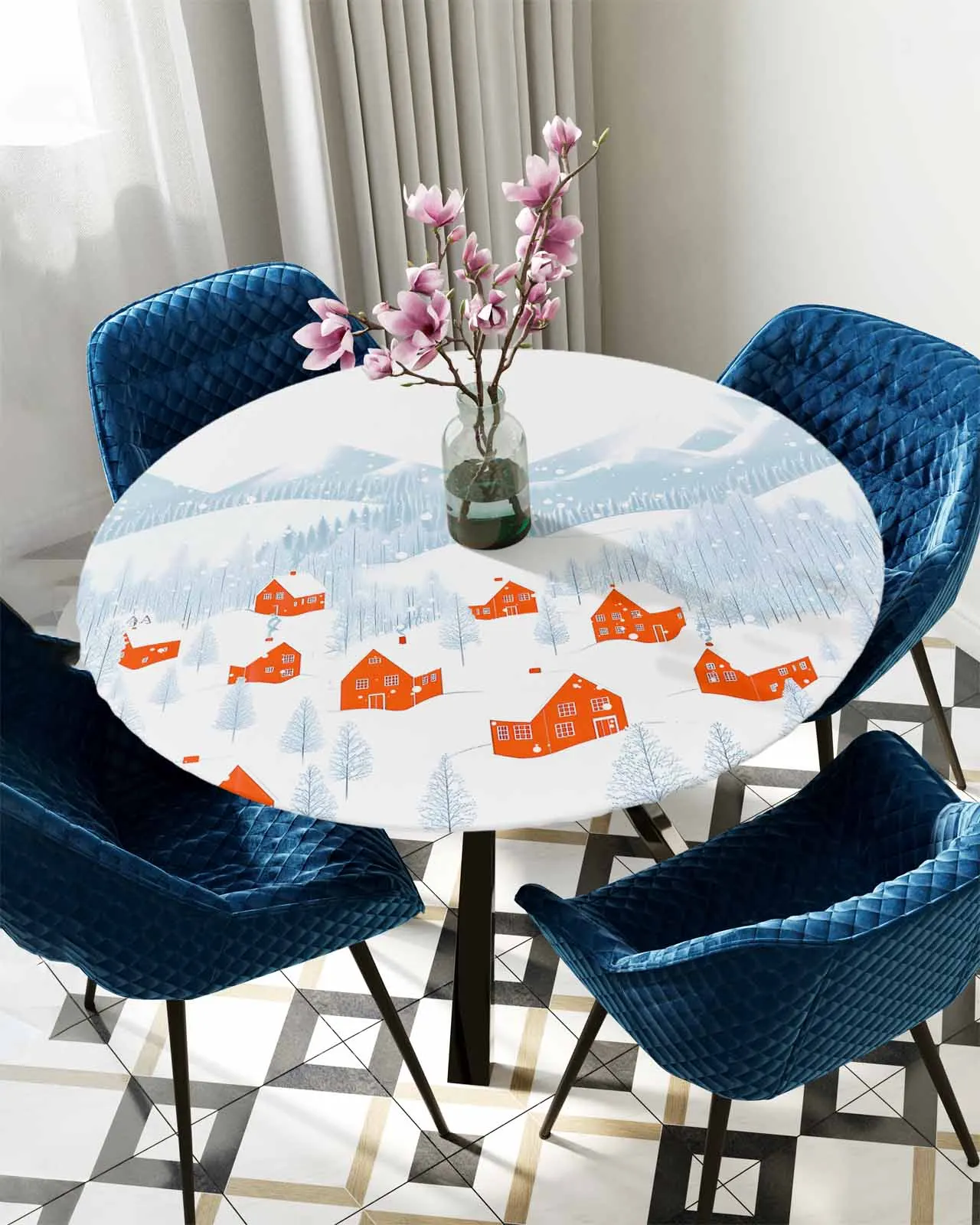 

Snowflakes Hand Drawn Small Town Round Elastic Edged Table Cover Protector Cloth Waterproof Fitted Tablecloth