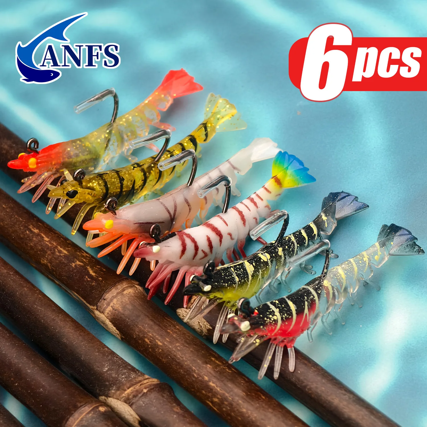 ANFS Soft Shrimp Lure Set, 6 Colors Shrimp Bait with Hooks - Fishing Tackles for Freshwater and Saltwater Bass, Trout, Catfish view 3
