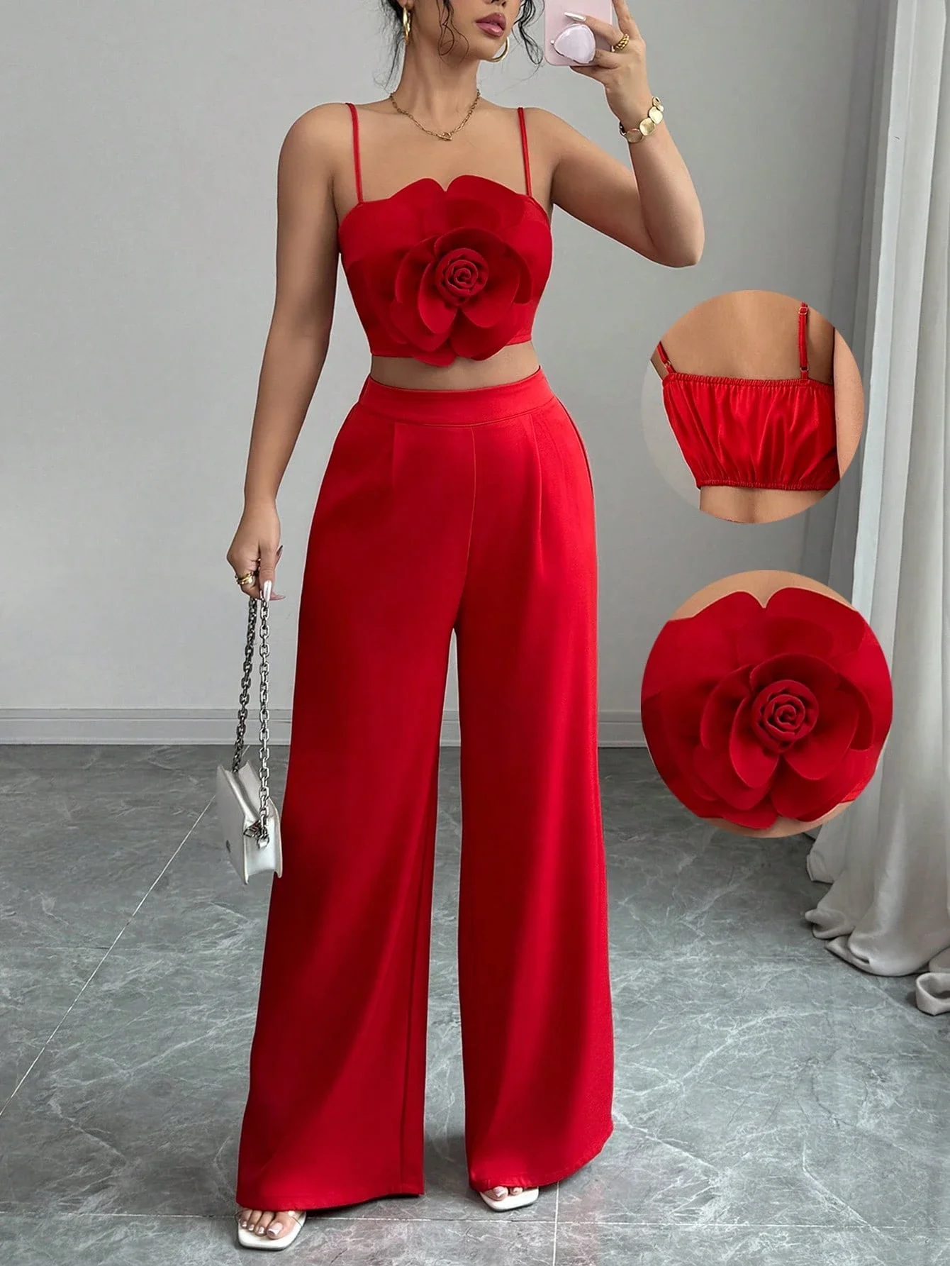 

Red Floral Embellished Bustier Top And High Waist Wide Leg Pants Set Casual Chic