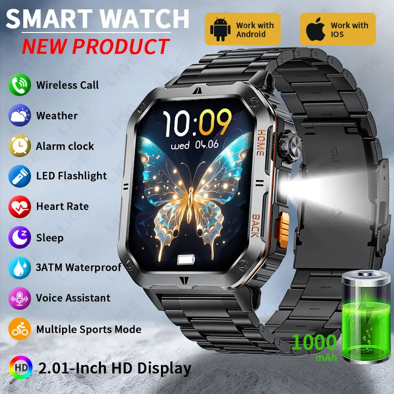 

LIGE Outdoor Sports Fitness Tracker Smart Watch 2.01 inch HD Screen LED Flashlight Bluetooth Call Smartwatch Men For Android IOS