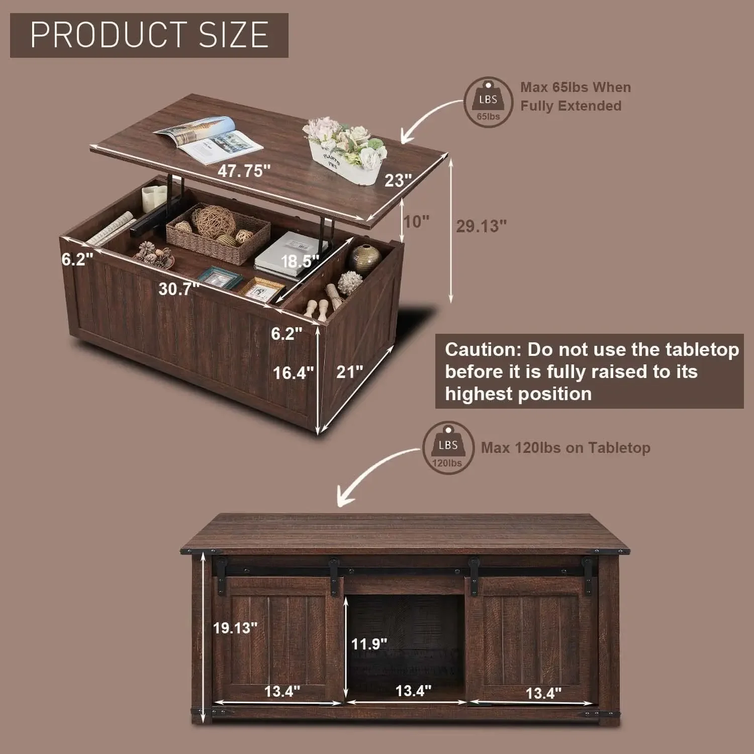 Lift up coffee table with sliding trough grain compartment door, double storage space in living room, brown