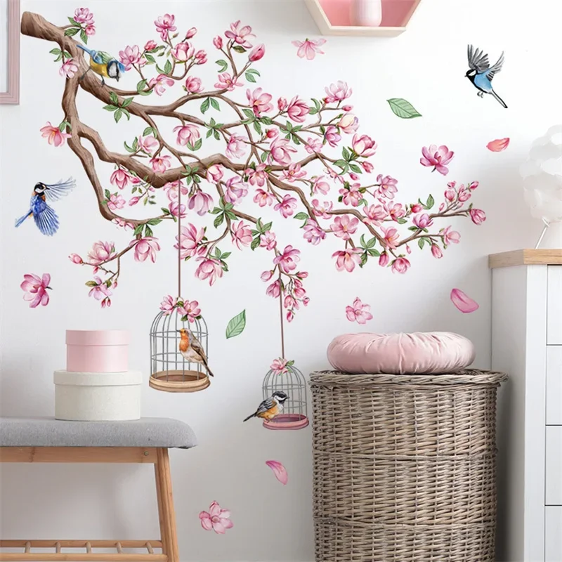 2Pcs Pink Peach Blossom Birds Wall Stickers PVC Self-adhesive Bedroom Living Room Decor Art Decal Wallpaper DIY Home Decoration