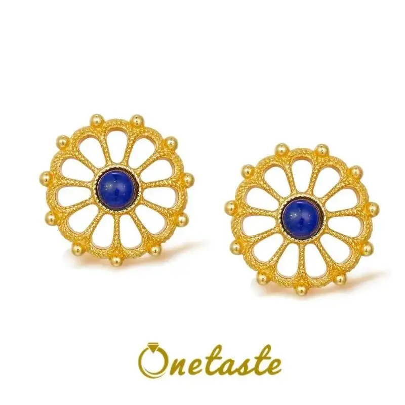 

925 Sterling Silver Inlaid Natural Lapis Lazuli Roulette Earrings For Women Natural Stone Unusual Hollow Out Stud Earring Gift