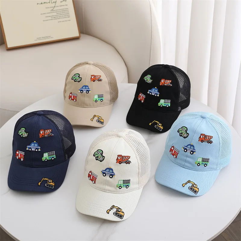 2026 Summer Boys Girls Mesh Baseball Cap Sun Protection Visor Hats Breathable Cool Engineering Vehicle Embroidery High Quality